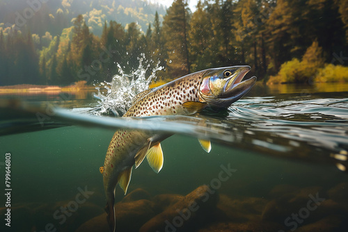 animal by ai // a male brown trout jumping out of the lake, underwater view, forest background, golden hour, photorealistic // ai-generated 