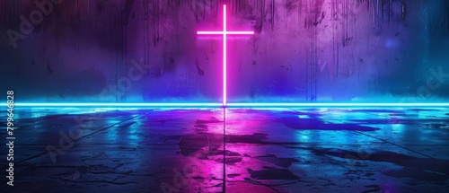 Futuristic Sci Fi Modern Retro Neon Glowing Cross Shaped Blue And Purple Lights On Stage Construction On Black Background With Grunge Concrete Reflection Floor Background 3D Rendering Illustration