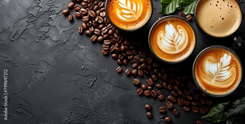 Multiple Cups of Latte Art on Dark Background. Series of lattes with intricate foam designs presented side by side on a dark, textured surface, surrounded by coffee beans and green leaves. photo