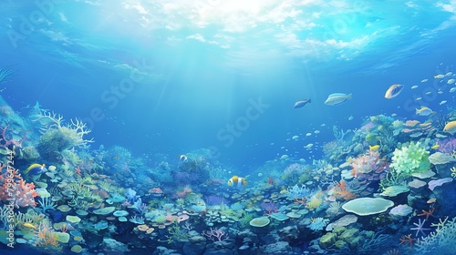 Underwater landscape with many small coral and underwater plant  ,Generative ai, © irvan