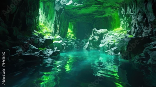 Enchanted Cave with Luminous Waters and Verdant Moss