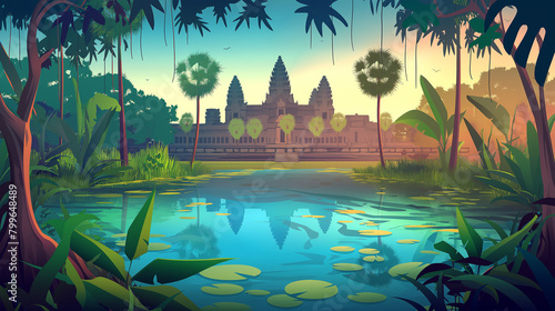 Cartoon tropical jungle forest swamp or lake landscape of Angkor Wat  Illustration.