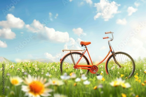 A charming papercut illustration of a vintage bicycle set against a whimsical spring landscape with blooming flowers and a rising sun. © Wan