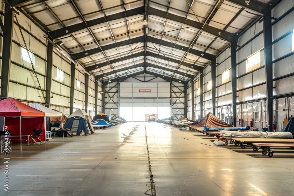 A hangar transformed into a temporary shelter during a natural disaster, providing refuge for those in need, Generative AI