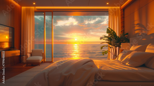 Ocean sunset view from bedroom balcony for travel hotel concept.