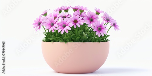 Flowers in a planter, 3D, childish style, on a white background, aspect ratio 2:1