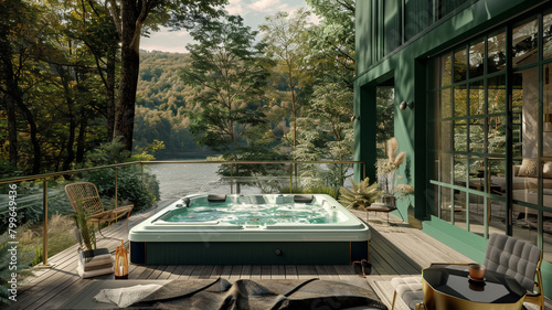 A deep sea green classic American house with an outdoor Jacuzzi and a view of the surrounding forest.