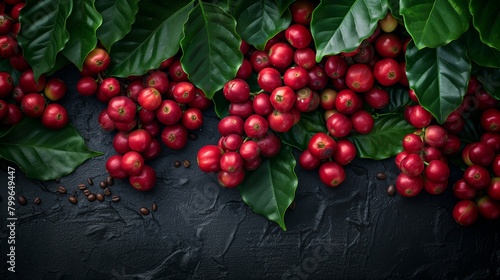 Cluster of Coffee Cherries with Lush Green Leaves. Red and green coffee cherries intermingled with vibrant leaves against a dark textured background, symbolizing rich freshness.