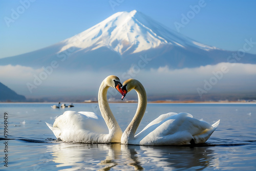 Couple of swans in the river on fuji mountain background..