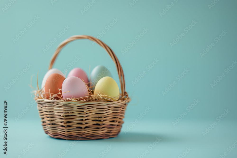 Easter colored eggs in a basket isolated on blue background.. Easter colored eggs in a basket isolated on blue background..