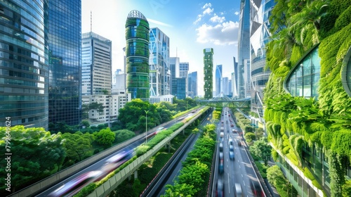 concept of smart cities and sustainable urban planning, showcasing green infrastructure and IoT solutions #799649624