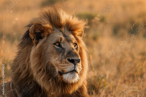 Lion portrait on safari savanna.