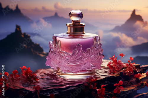 opulent perfume, on a hill during sunrise, with morning mist, uplifting mood, neon purple light