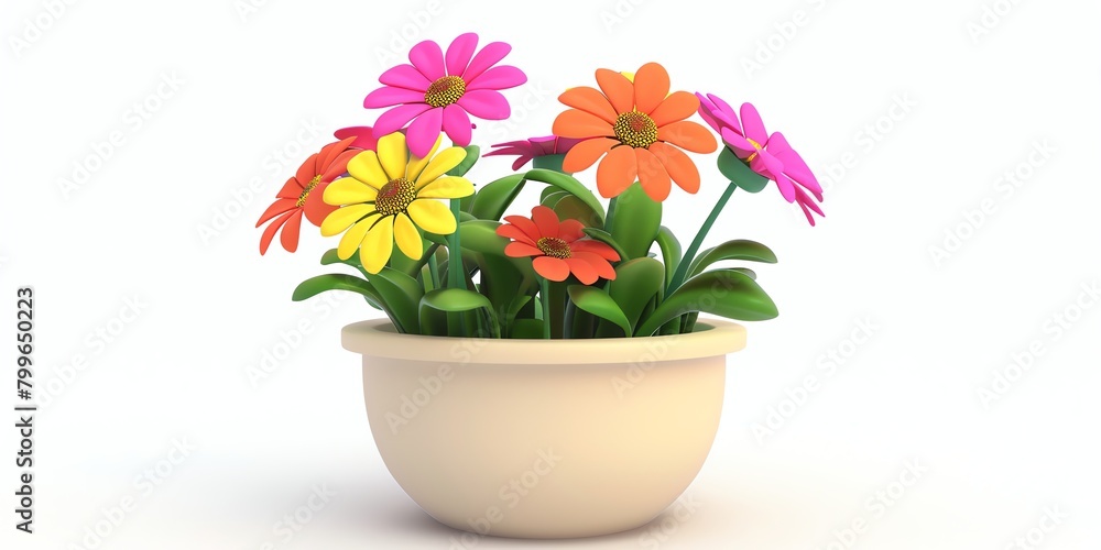 Fototapeta premium Flowers in a planter, 3D, childish style, on a white background, aspect ratio 2:1