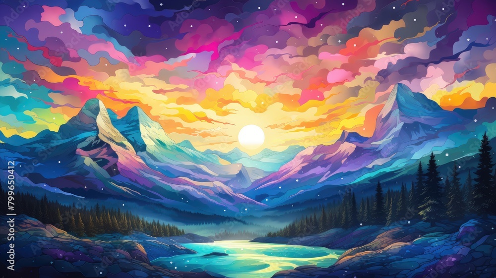 Psychedelic Peaks Under a Vibrant Dawn Sky