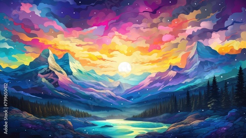 Psychedelic Peaks Under a Vibrant Dawn Sky