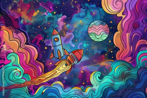  Cartoon cute doodles of a spaceship navigating through a colorful nebula  avoiding swirling clouds of gas and dust  Generative AI