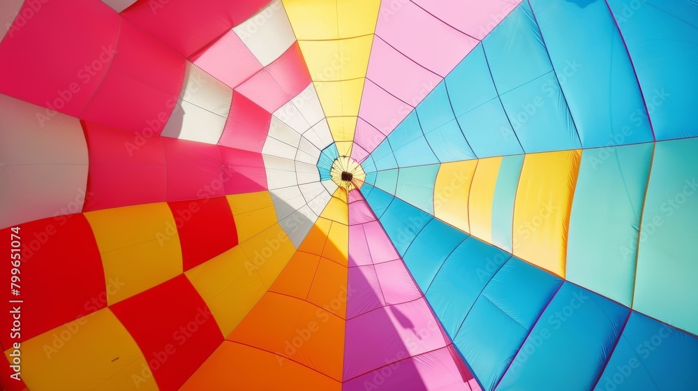 Obraz premium A detailed view of a vibrant and multi-colored umbrella, set against a clear blue sky in the background. The umbrella features a mix of hues and patterns, creating a striking visual contrast with the