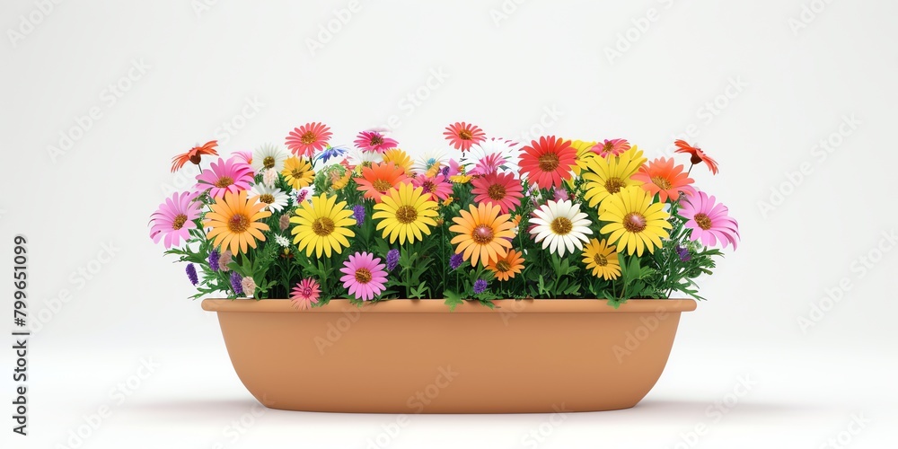 Flowers in a planter, 3D, childish style, on a white background, aspect ratio 2:1