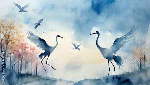 landscape with birds and clouds, "Watercolor Dreams: Abstract Banner with Tranquil Crane Silhouettes"