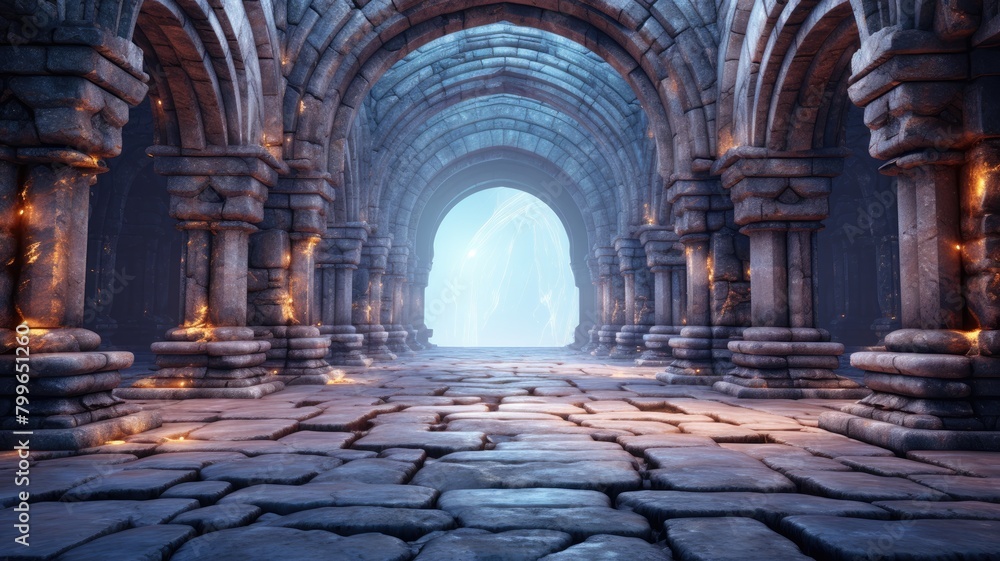Naklejka premium Ethereal Holographic Archways in Ancient Corridor