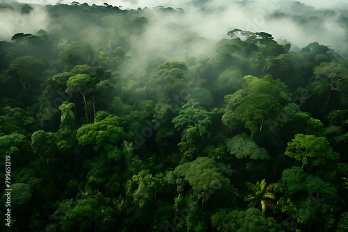 Mist enshrouds the lush canopy of the Amazon rainforest. Generative AI photo