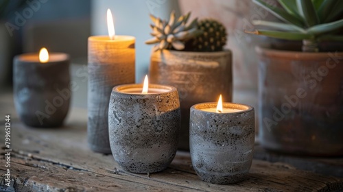 As the candles burn the wax drips and creates intricate patterns on the surface of the concrete holders adding to their rugged charm. 2d flat cartoon.