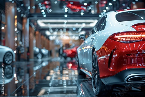 Rear view of new luxury red and white car parked in modern show room. Selective focus on white shiny car. Car dealership concept. Showroom interior. Automotive industry on coronavirus  Generative AI