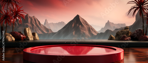 Empty product podium with ruby red, pyramid, rough set against abstract panoramic background with bamboo sticks around