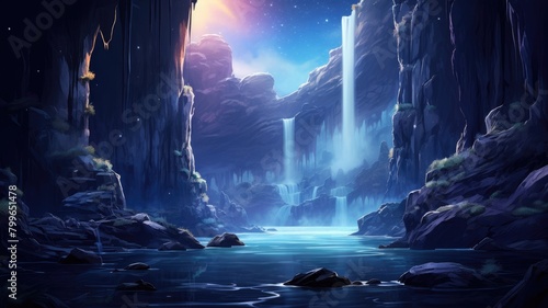 Starlit Waterfall Oasis in Ethereal Night