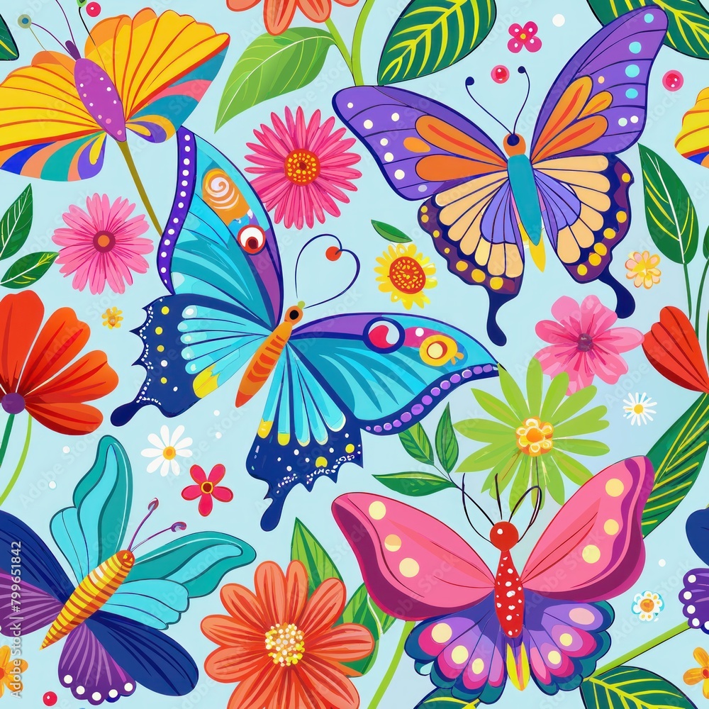 Seamless pattern of vibrant butterflies fluttering among flowers, Generative AI