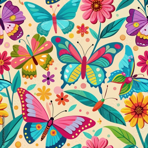 Seamless pattern of vibrant butterflies fluttering among flowers, Generative AI