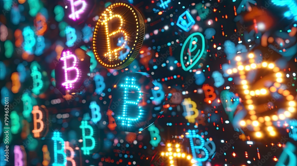Digital currency symbols floating against a dark backdrop
