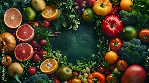 Assorted fresh ripe fruits and vegetables, Food concept background, Top view, Copy space