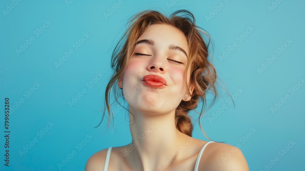 Young woman puckering lips, blue background, portrait. Young woman puckering lips, blue background, portrait.