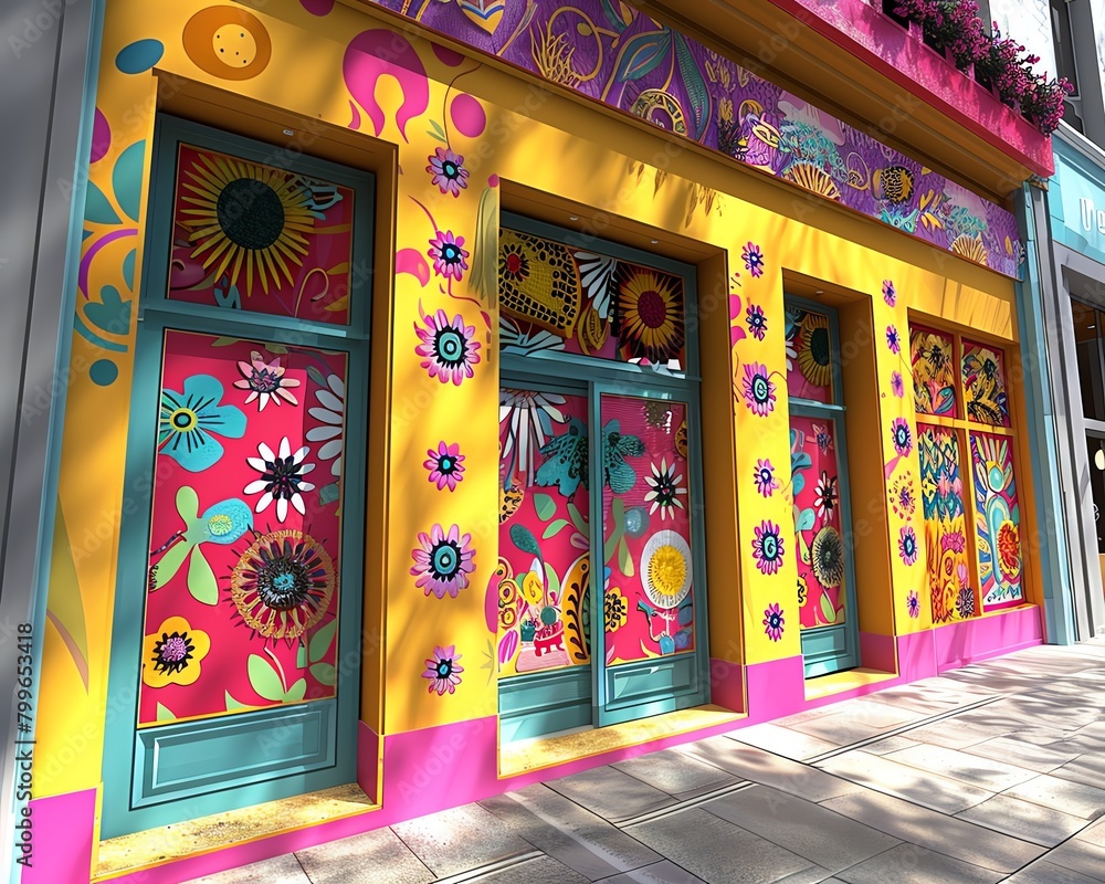 Fototapeta premium 3D storefront decoration with fashionable and imaginative designs, vibrant colors dominating the scene