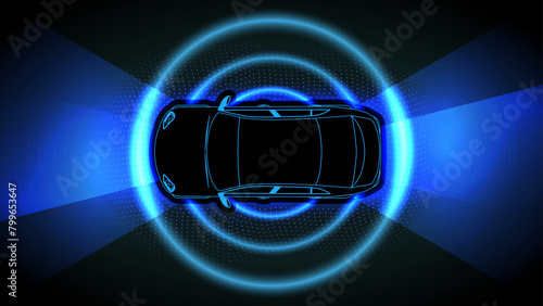 Advanced Driver Assistance Systems. Autonomous smart car with car sensor radar signal system, scanning automatically for city safety. Autopilot, Driverless, and Self-Driving Vehicles Concepts. Vector.