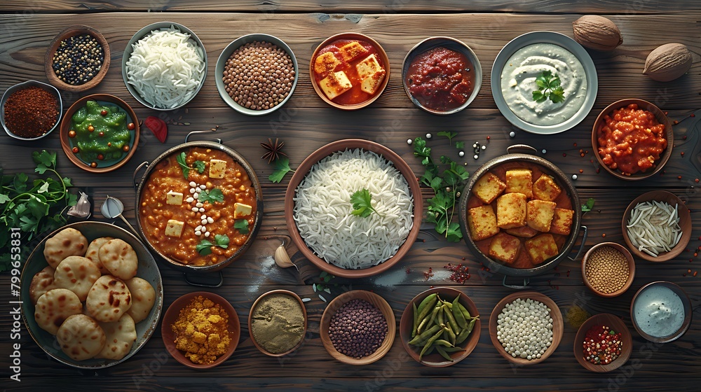 Assorted indian food set on wooden background, Dishes and appetisers of indeed cuisine, rice, lentils, paneer, samosa, spices, masala, Bowls and plates with indian food top view
