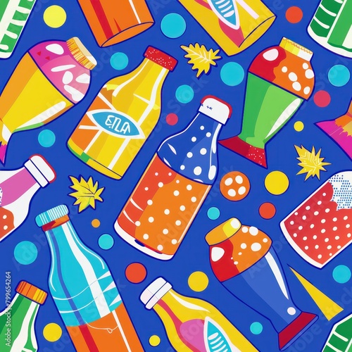 Seamless pattern of fizzy soda bottles and candy wrappers, Generative AI