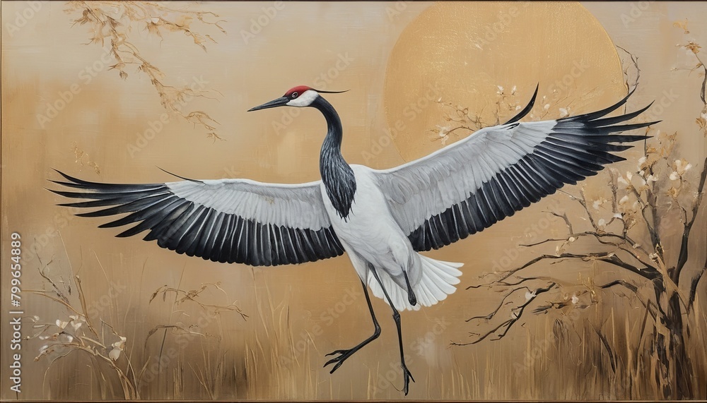 Obraz premium Artistic Harmony: Japanese Crane in Beige and Gold Tones