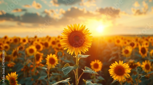 Golden Sunset Behind a Sunflower in Full Bloom. Single sunflower stands tall against a golden sunset sky  symbolizing growth and the beauty of summer.