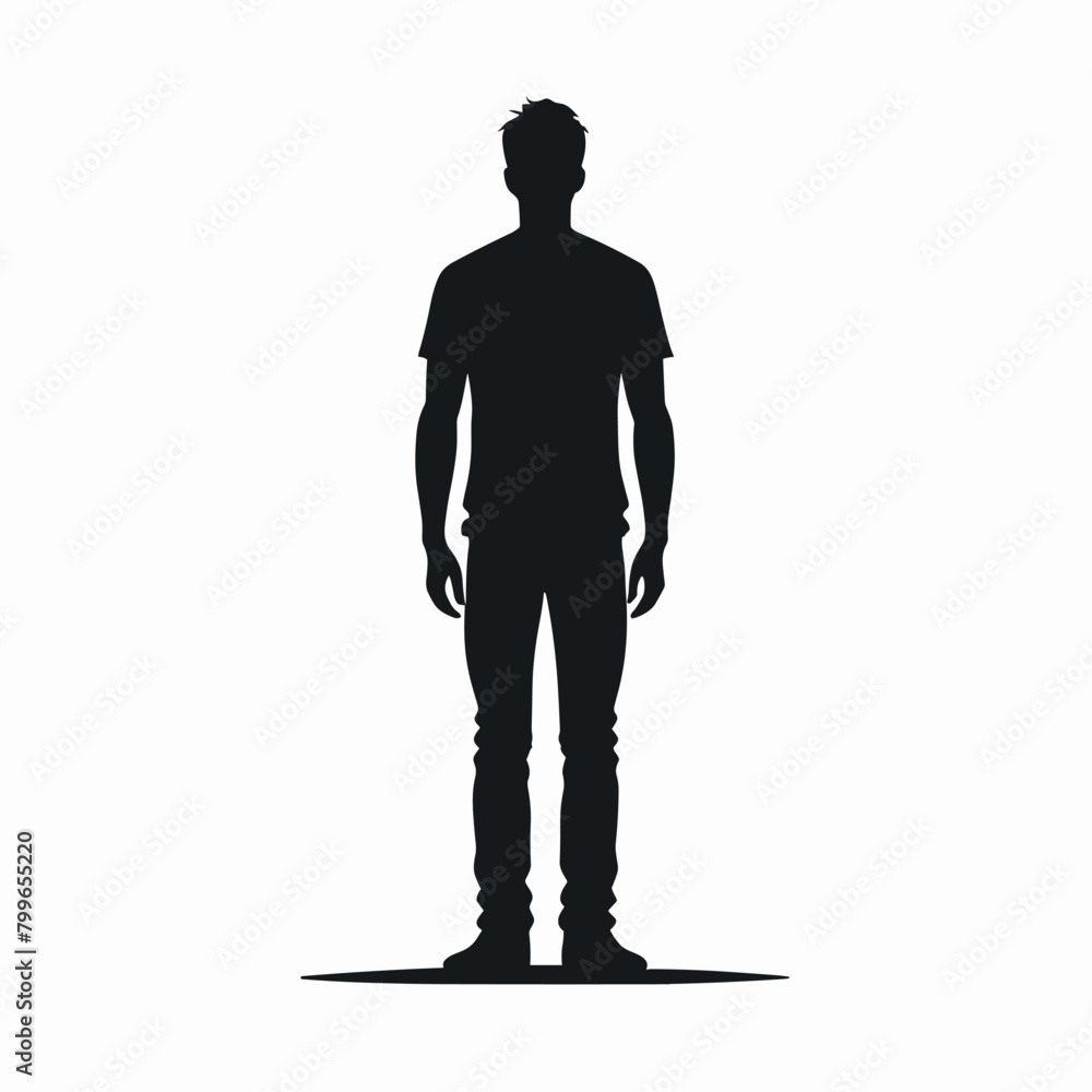 Single man standing black and white silhouette flat vector illustration