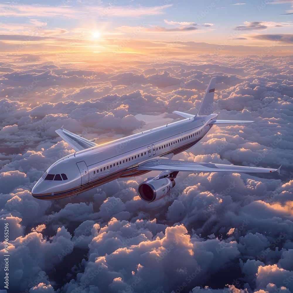 Fototapeta premium Majestic Wide Body Passenger Jet Cruising Serenely Across Atmospheric Dusky Sky with Tranquil
