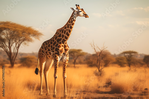 A graceful giraffe walks through the tall grass of the African savanna at sunset  with acacia trees in the background. Generative AI