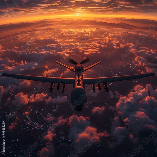 Stealthy Military Drone Soaring Through Breathtaking Orange Hued Sky at Dusk