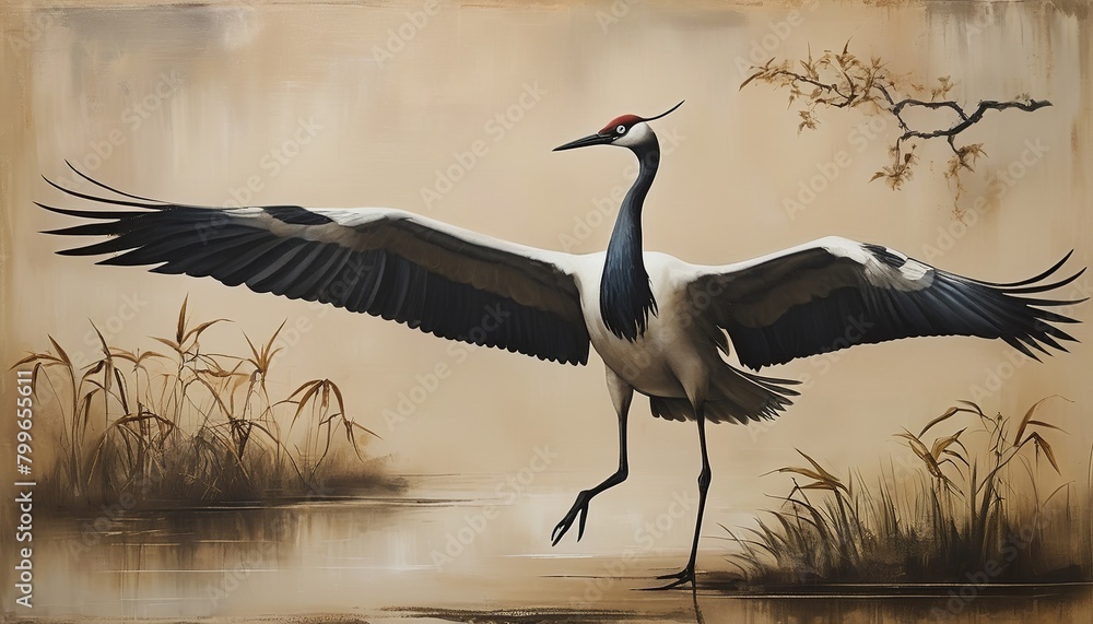 Obraz premium Japandi Style Oil Painting: The Elegance of a Japanese Crane