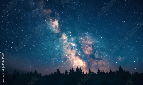 Cosmic Night Sky and Foerst Background with Glowing Nebula Clouds and Shimmering Stars Backdrop Wallpaper