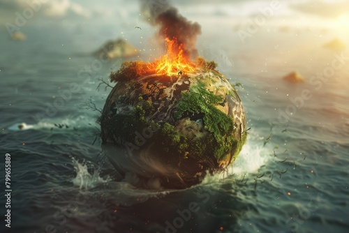 Global warming images, Show that the earth is sinking into the sea and a part of the earth is burning and the animals, humans, plants, and grass on top of the earth are sinking.