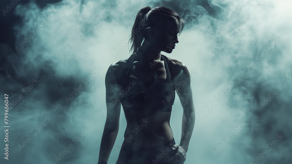gym bodybulder strong woman with flat belly in fog. dramatic action cinematic scene --ar 16:9 --style raw Job ID: c502f0af-4eae-4cd5-847a-24adf8a08382