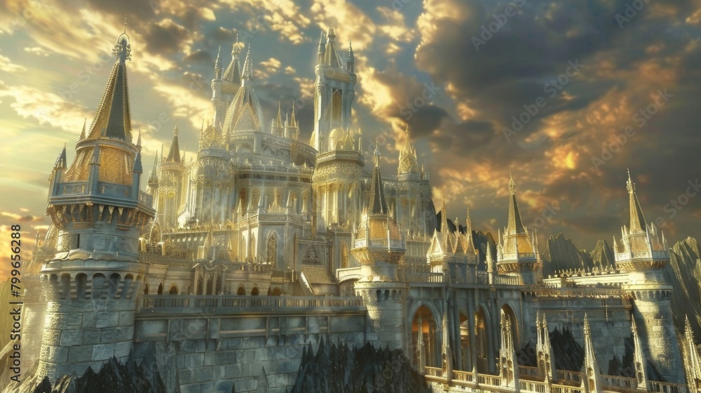 Obraz premium A magnificent castle stands tall and proud its walls made of a shimmering silver metal. As the sun sets the castle begins to transform . .
